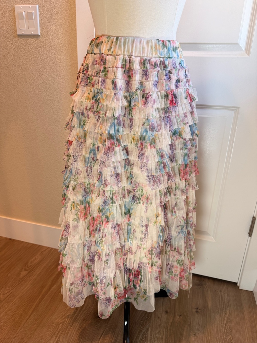 Ruffled Tulle Midi Skirt Tiered Tutu Floral Fairy Ballerina Whimsical Romantic M